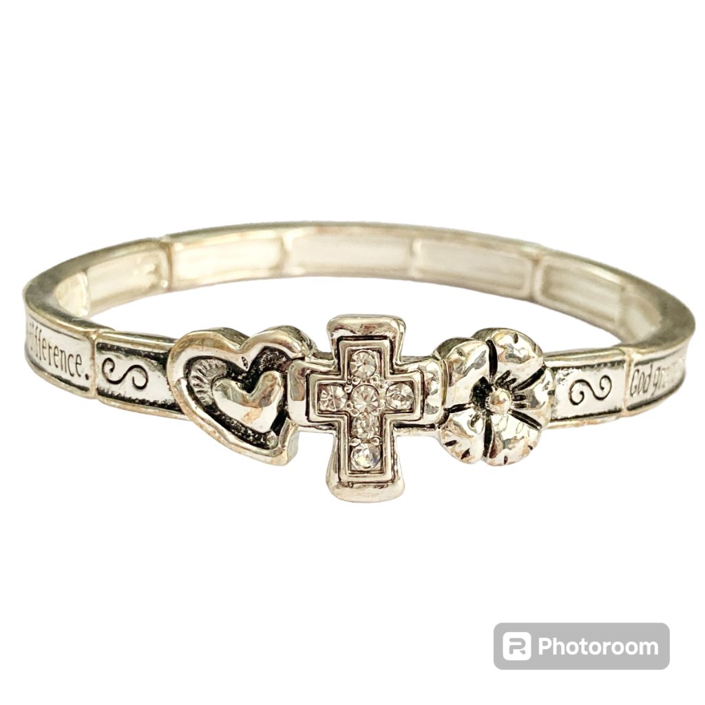 Vintage Serenity Prayer Cross Bracelet Stretch Silver Plated Crystal Aa Na 7.25